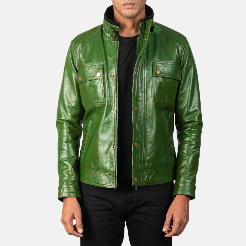 Men s Darren Distressed Green Leather Biker Jacket The Jacket Maker