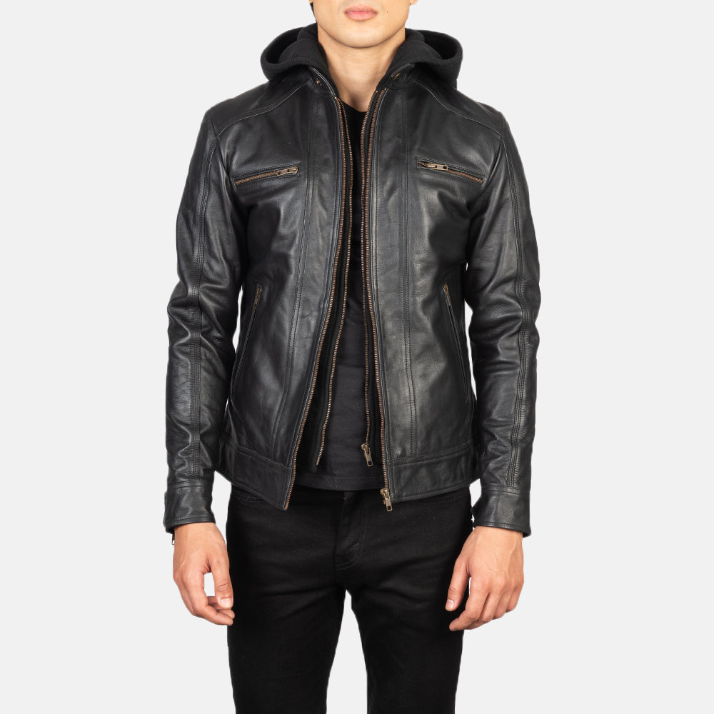 Hooded leather jacket mens moto sales