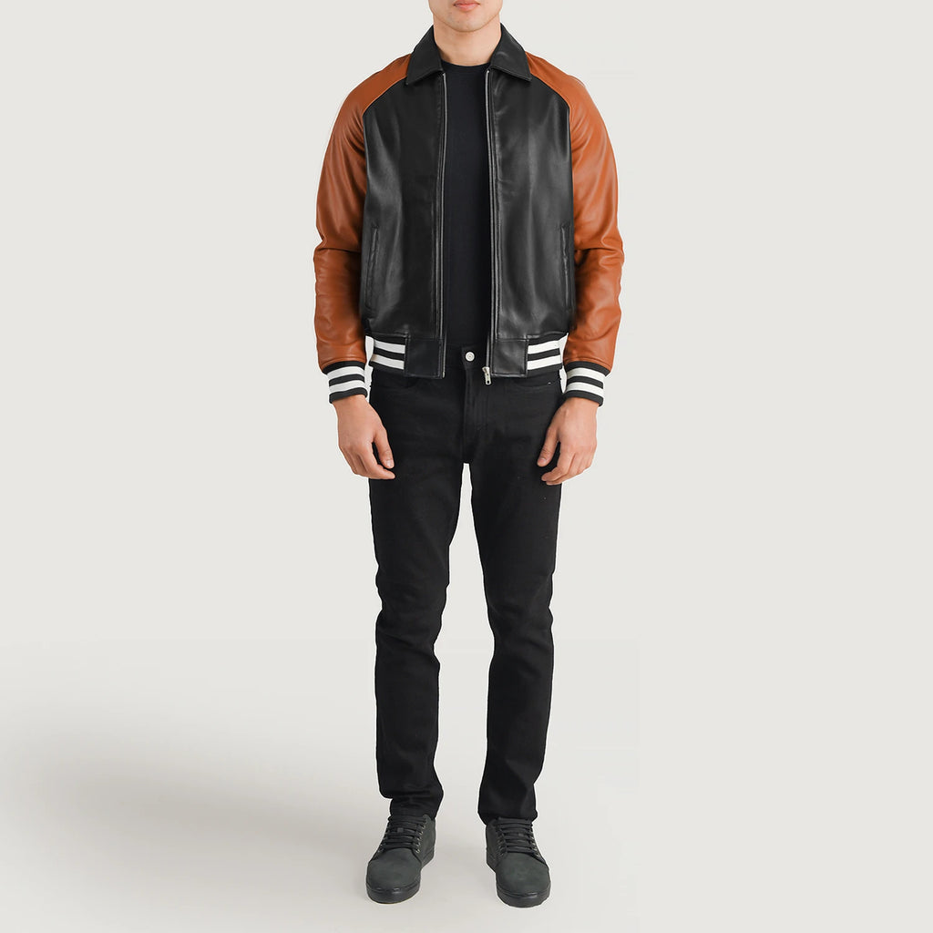 Mens leather varsity bomber jacket hot sale