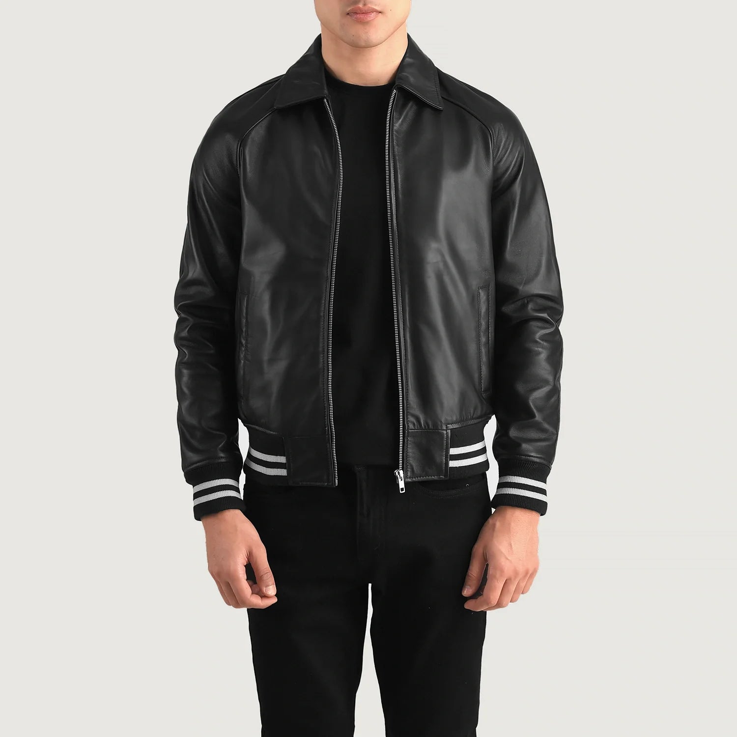 Black leather varsity jacket outlet