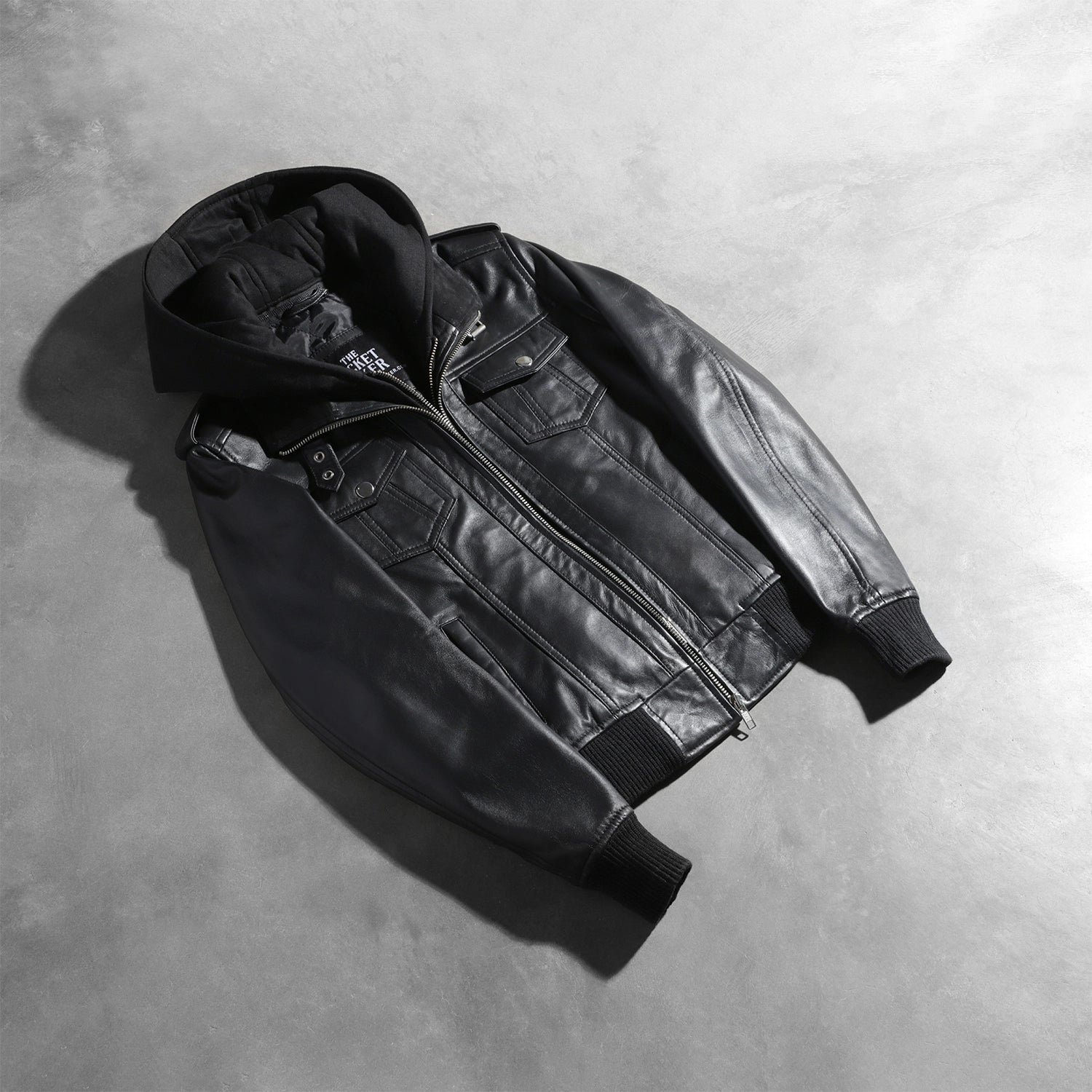 Obey black leather jacket with hooded sale