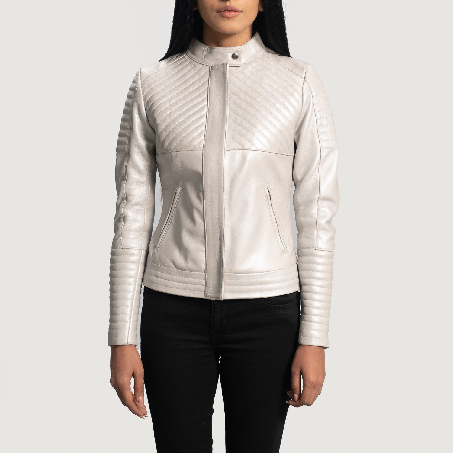 Women s Ice Maiden Silver Quilted Leather Biker Jacket The Jacket Maker