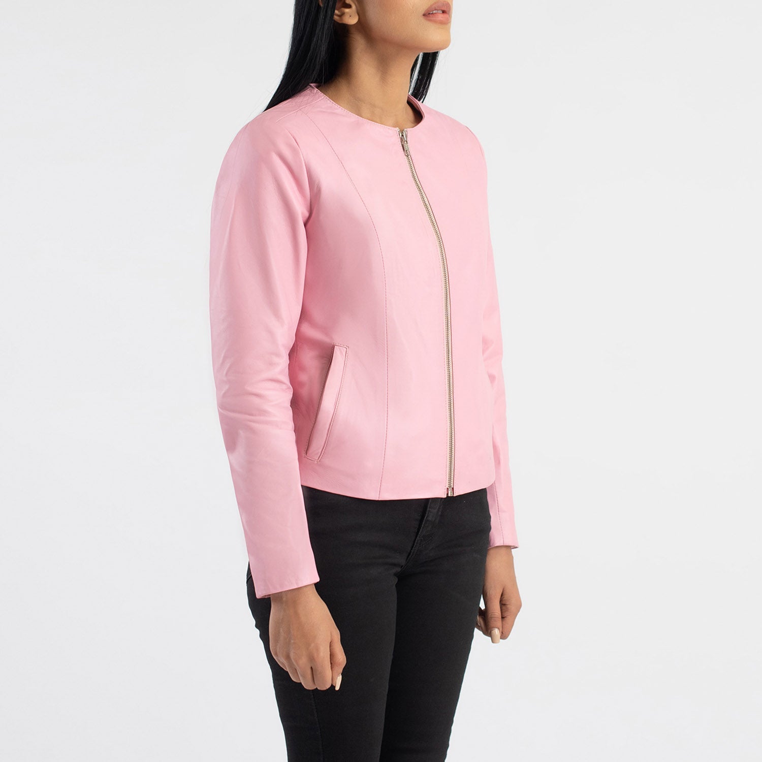 Round neck leather jacket outlet