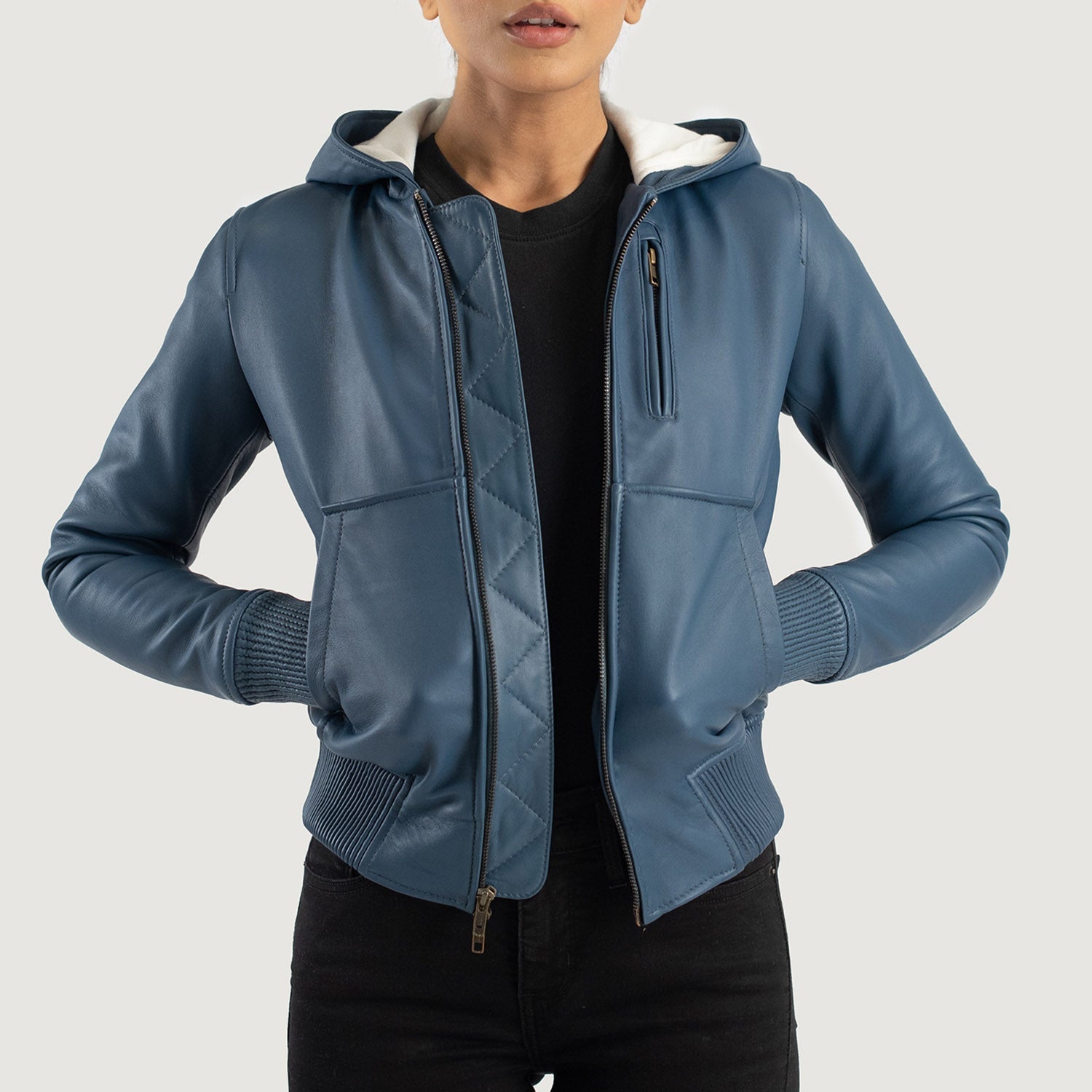 Women s Luna Blue Hooded Leather Bomber Jacket The Jacket Maker