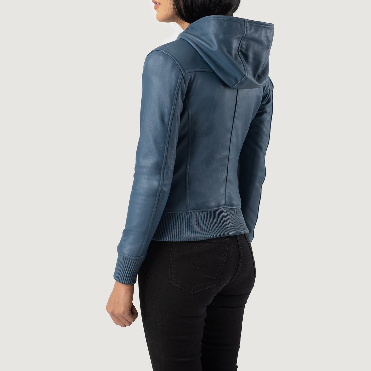 Women s Luna Blue Hooded Leather Bomber Jacket The Jacket Maker