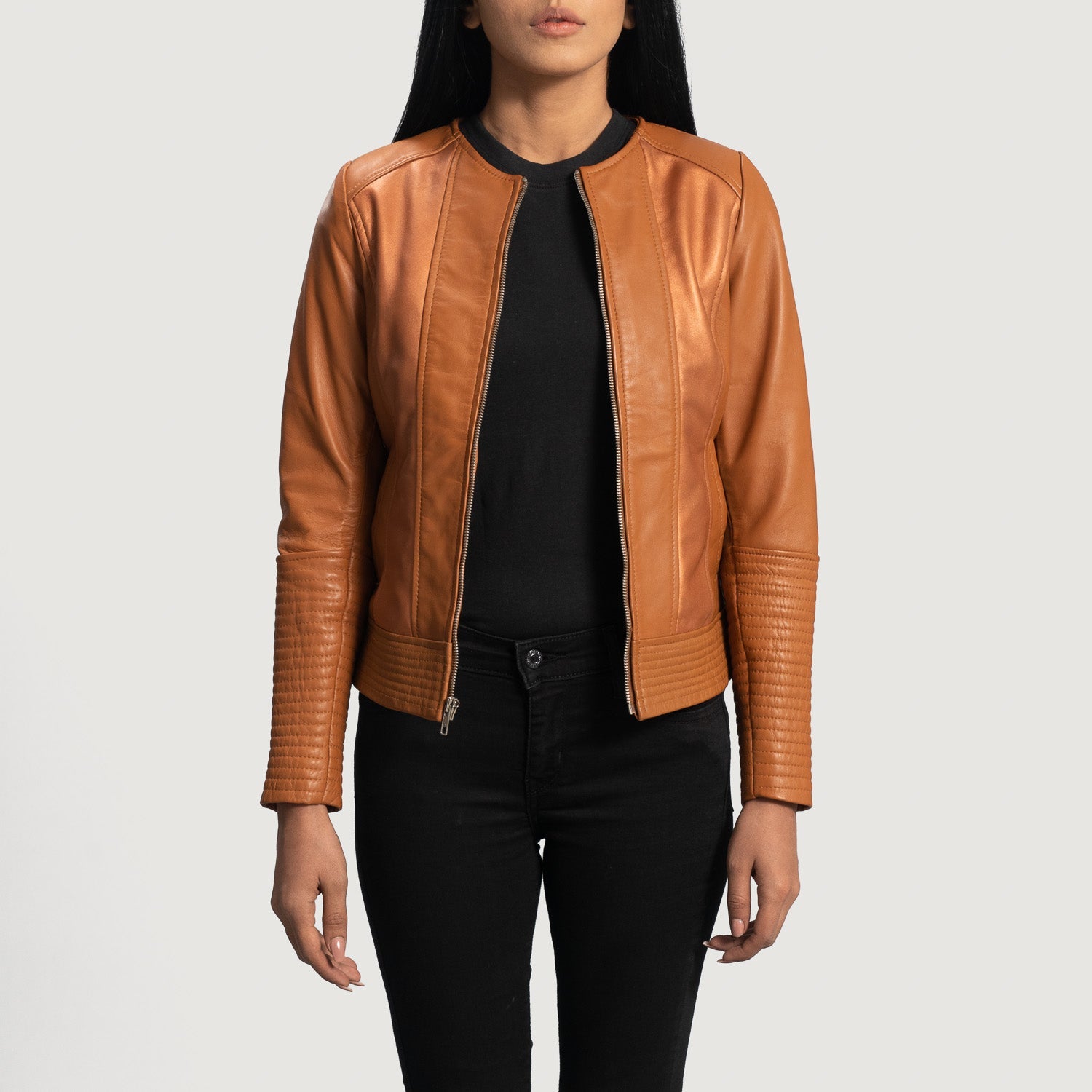Women s Sleeky Clean Tan Leather Biker Jacket The Jacket Maker