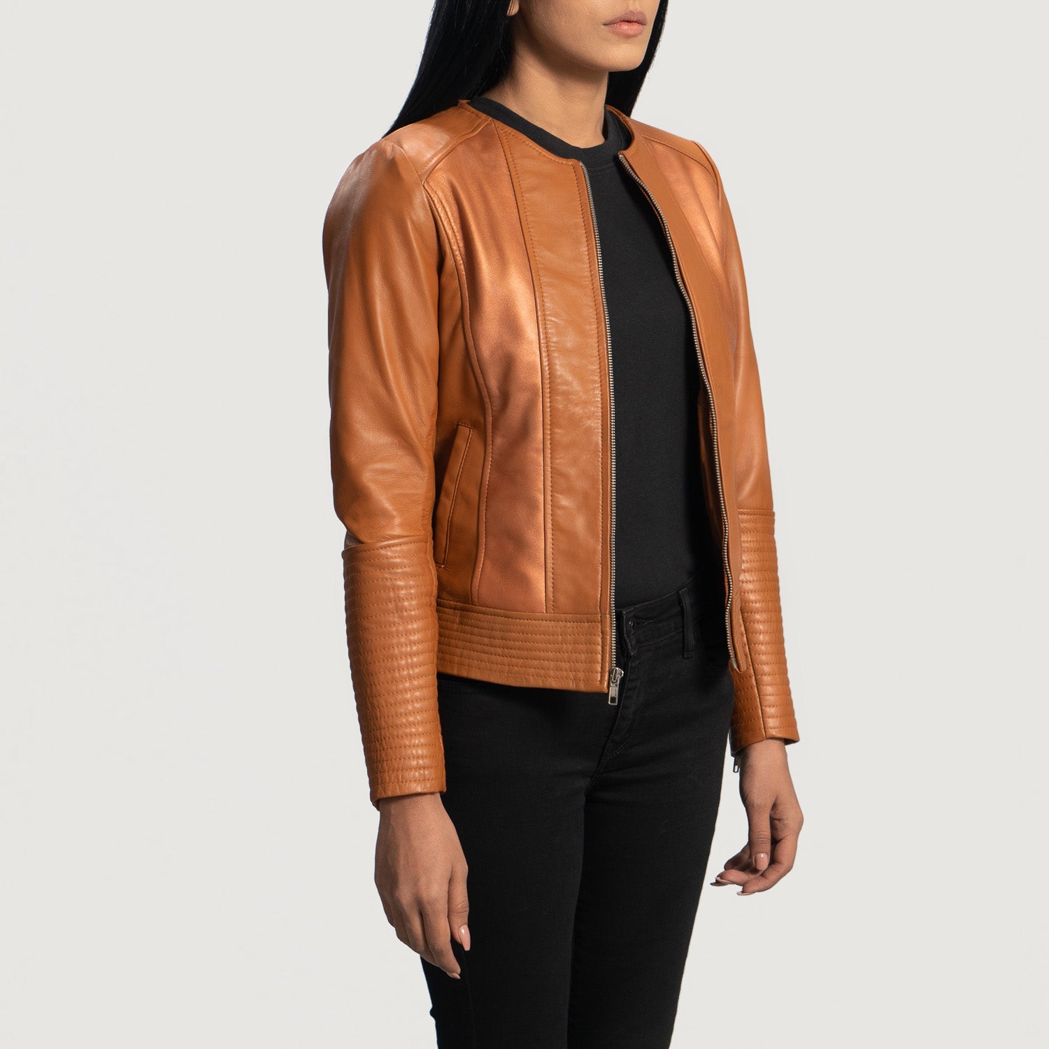 Women s Sleeky Clean Tan Leather Biker Jacket The Jacket Maker