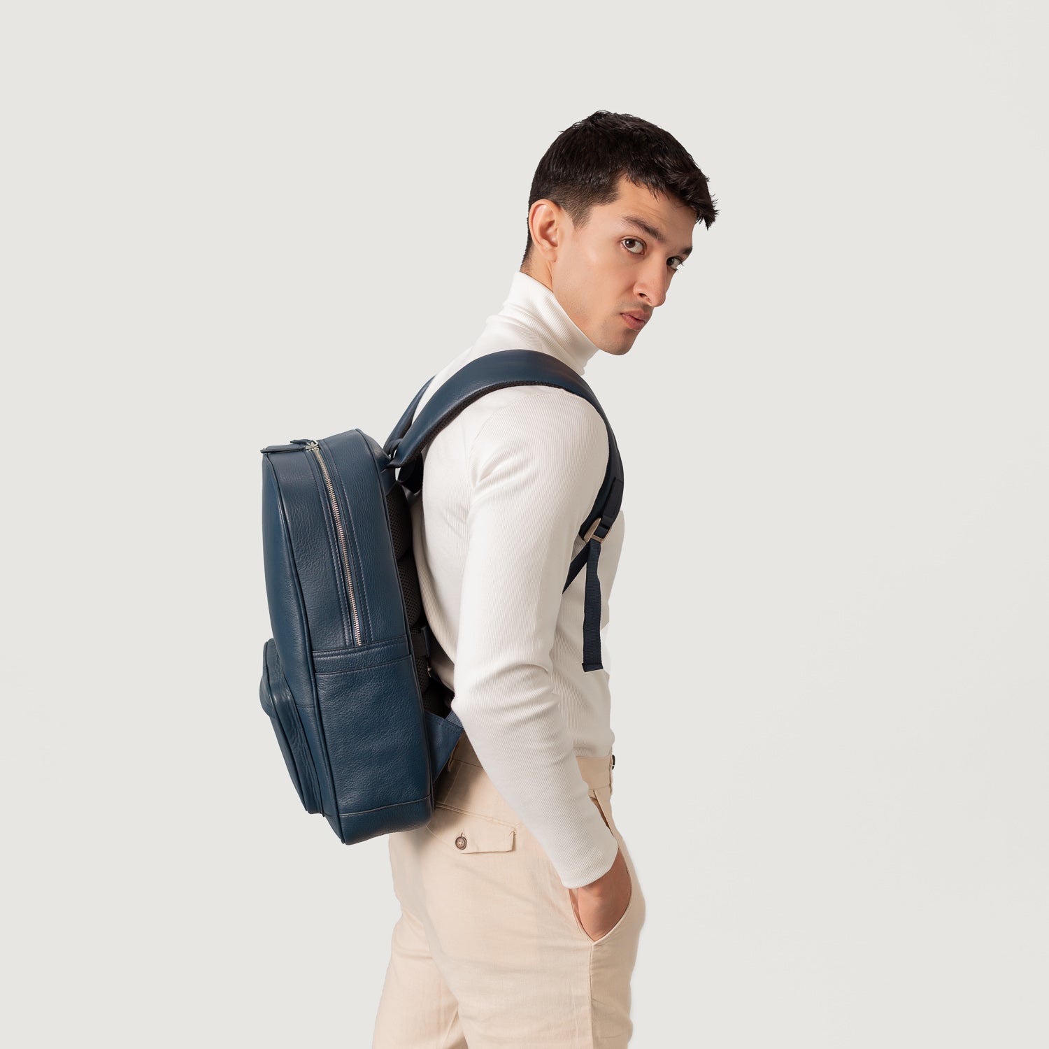 Men s The Philos Midnight Blue Leather Backpack The Jacket Maker